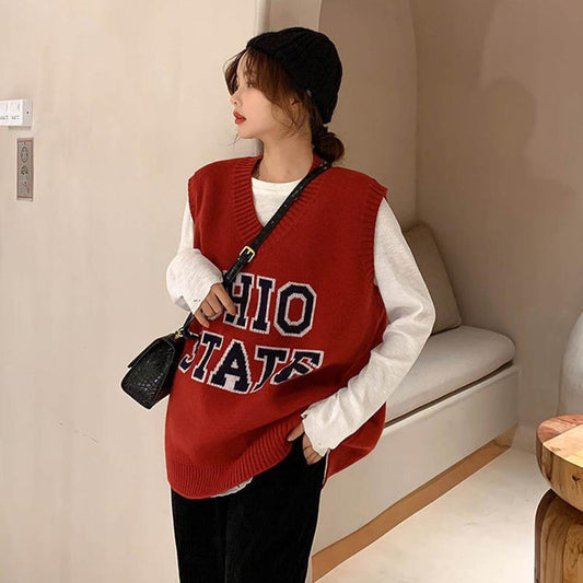 Letter V-neck Knitted Waistcoat Female Autumn Korean Version Was Thin and Western Style Wild Sleeveless Waistcoat Waistcoat
