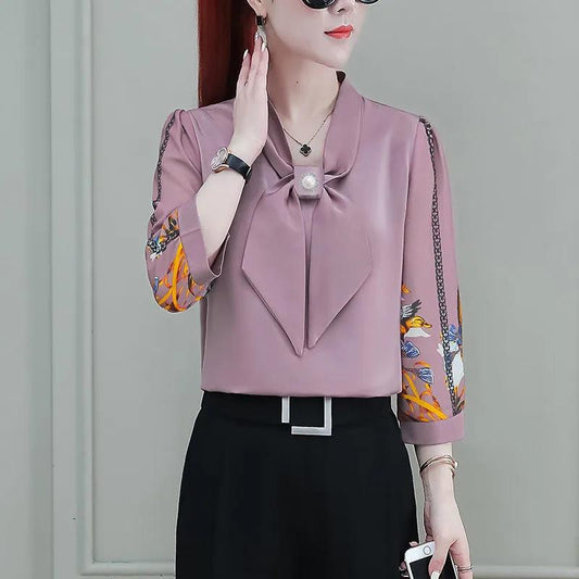 Spring and Autumn Loose Top Women's Long-sleeved Chiffon Shirt All-match T-shirt