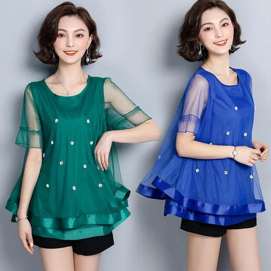 Large -size Women's Summer Short -sleeved T -shirt Mothers Dress Chiffon Shirt Women's Loose Bottom Shirt
