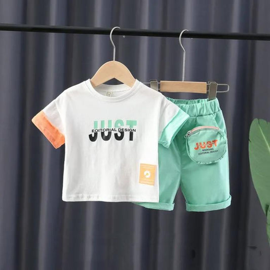 Children's Suit Summer Thin Boys' Korean Printed Letter Loose T Shirt Three-dimensional Pocket Shorts Casual Pants 2-piece Set