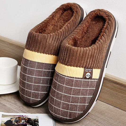 Winter Cotton Slippers Men's Plaid Non-slip Warm Thickened Plush Slippers for Home Use