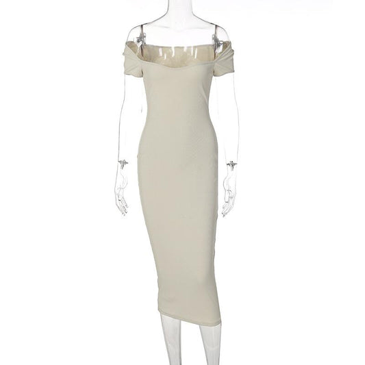 Women's Spring Fashion One Word Neck Ribbed Long Dress