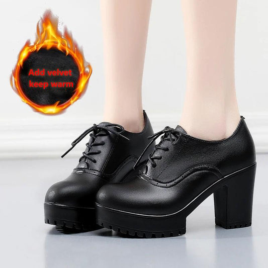 Women's 10cm High Heels Round Toe Thick-heeled Leather Shoes British Style Black Thick-soled Waterproof Platform Deep-mouth Shoes Model Shoes