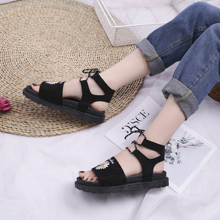 Net Red Daisy Sandals Korean Style All-match Summer Shoes for Students New Lace-up Roman Women's Shoes