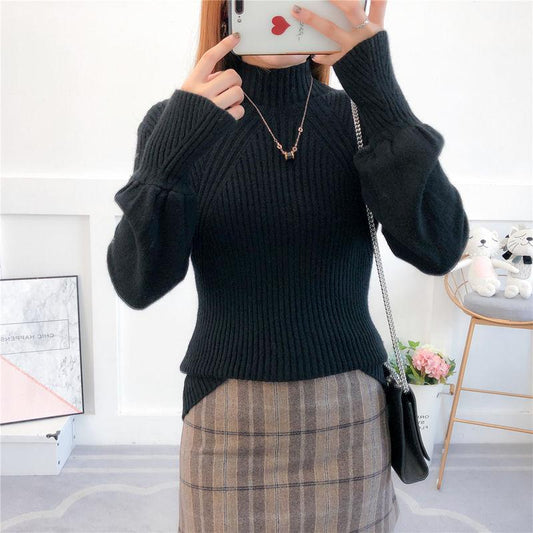 Autumn and winter new trumpet sleeve sweater high collar slim versatile shirt sweater women