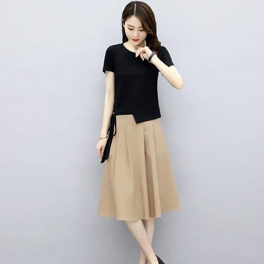 Imitation Cotton Linen Pleated Skirt Suit Summer Women's Short Sleeve Irregular Hem Strap Shirt High Waist A-line Skirt Casual Solid Two-piece Set