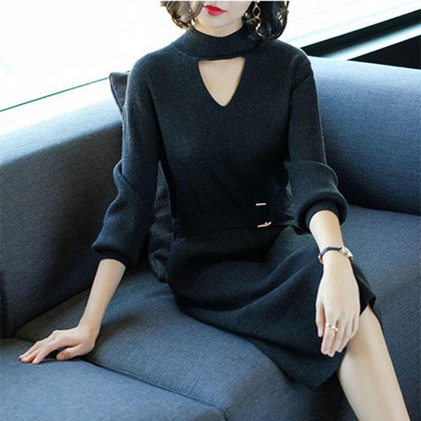 Autumn and Winter Fashion Slim-fit Sweater Dress Lace-up Knee-length Mid-length Dress Long-sleeved Knitted Female Base Dress