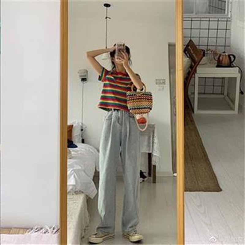 WTEMPO Women's Jeans Summer Retro High Waist Thin Section Straight Pants Wild Loose Trousers Wide Leg Pants