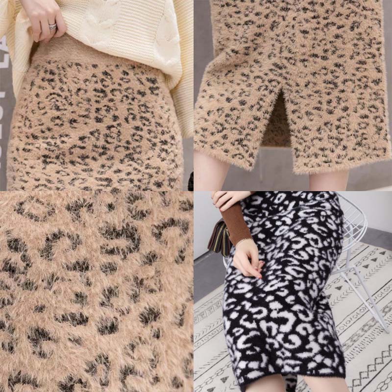 Women's Autumn and Winter Fashion Warmth Imitation Mink Fleece Leopard Print Thick Knitted Skirt High Waist Bag Hip Mid-length Slit Wool Skirt