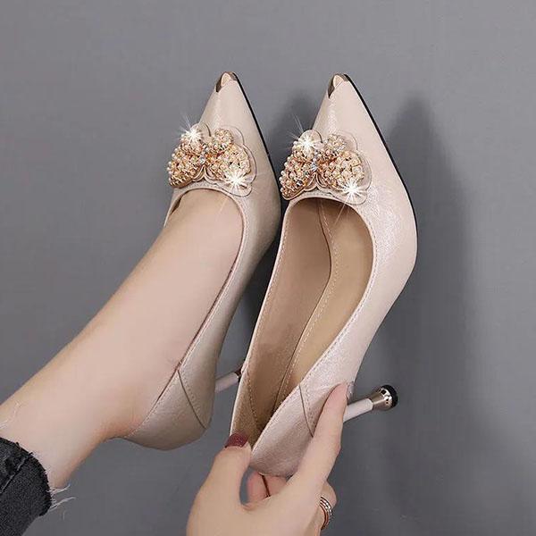 Women's Spring and Summer Soft Leather High Heels Genuine Leather Stiletto Shoes Rhinestone Butterfly Shoes for Office Ladies