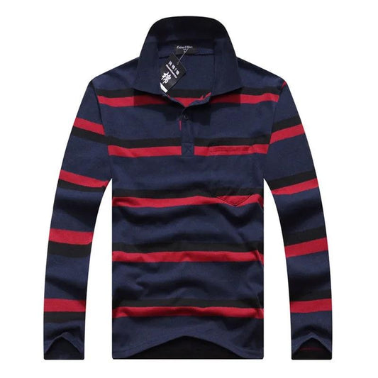 Spring Men's Polo Shirt Striped Long Sleeve T-Shirt Casual Lapel Solid Color Top Real Pocket High Quality Shirt Polo