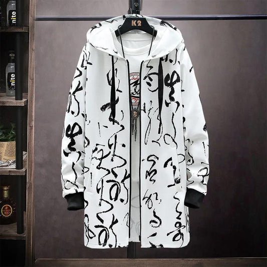 Chinese Calligraphy Print Jacket Men Hooded Windbreaker Spring Casual Loose Coat Soft Comfortable Top Long