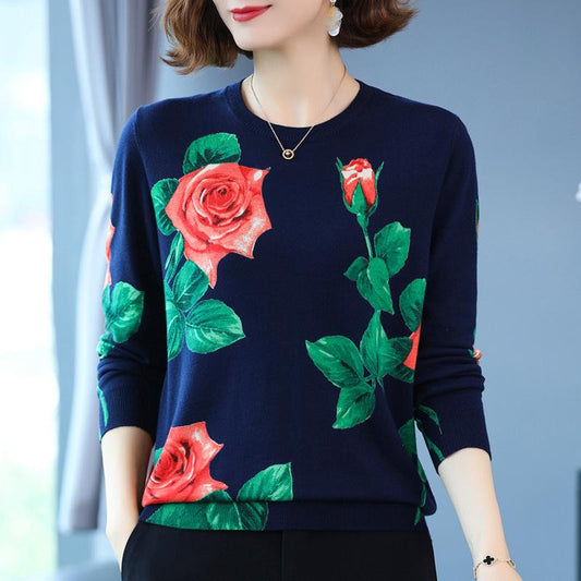 Ethnic Style Rose Print Sweater Women Fall Winter Casual Pullover Sweater Retro Plus Size Woolen Sweater