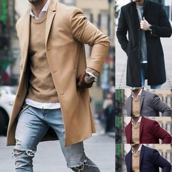 Pure Color Simple Men's Long Wool Coat Outdoor Fashion Spring, Autumn and Winter Coat