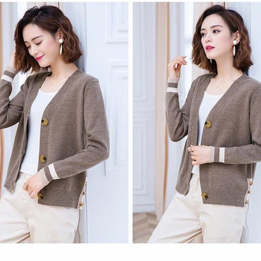Spring and Autumn Style Shawl Solid Color Versatile Sweater Button Knit Sweater V-neck Gentle Warmth Trend