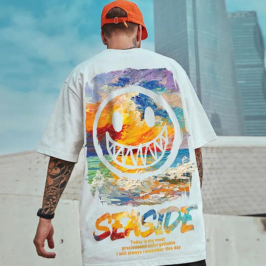 Oversized Hip Hop Tees Youth Trendy Personality T-shirts Summer Grimace Print Shirt O-neck Short Sleeve Casual Loose Pullover Men