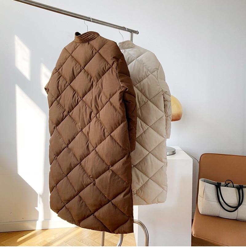 Winter New Korean Style Long Cotton-padded Coat Women's Casual Stand-up Collar Argyle Pattern Oversized Parka Chic Jacket