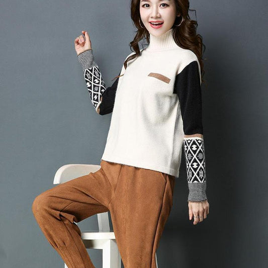 Autumn and Winter Thick Short Sweater Loose Half High Neck Pullover Bottoming Shirt Color Matching Knitted Women Sweater
