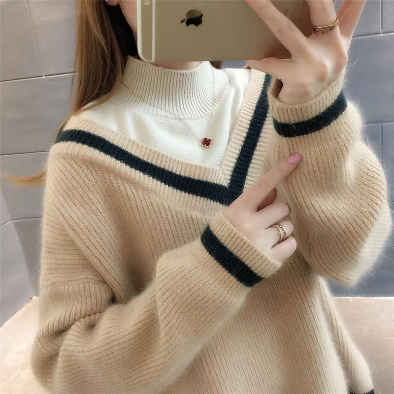 Pofulove Autumn Winter Half Turtleneck College Style Pullover Sweater Fake Two Sweaters Women Loose