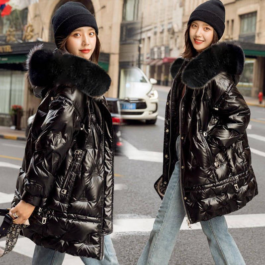 Down Jacket Women Winter White Duck Down Fur Collar Hooded Short Glossy Shiny Coats Parkas