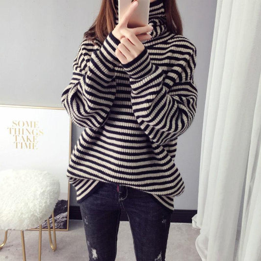 Autumn and Winter High-neck Casual Sweater Striped Pattern Loose Padded Bottoming Shirt Fashion All-match Female Top