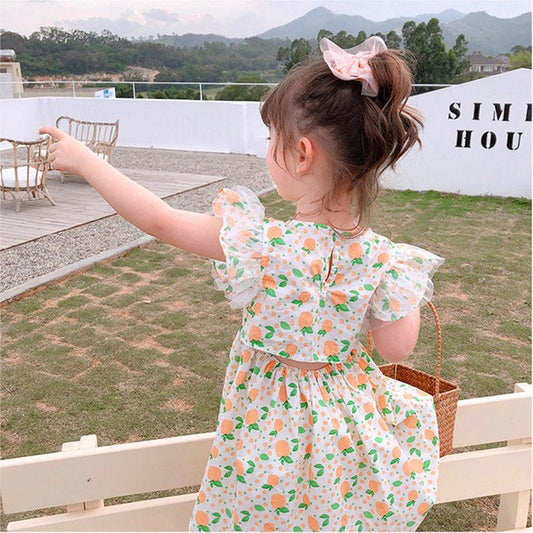 Girl's Back Hollow Out Dress Orange Skirt Children's Sleeveless Skirt Button Korean Baby Broken Flower Princess Skirt