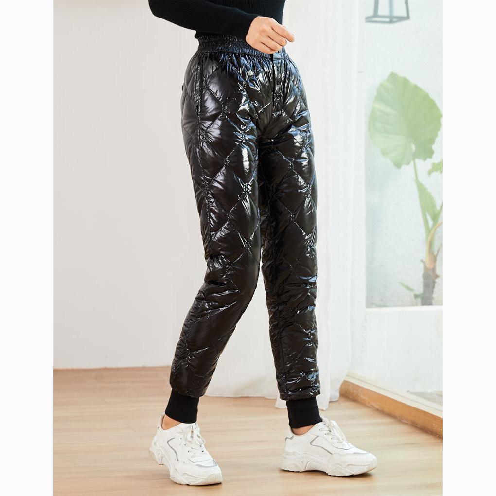 Winter Warm Thick Women Down Pants Casual High Waist Glossy Diamond Patchwork Button Harem Pants for Long Trousers
