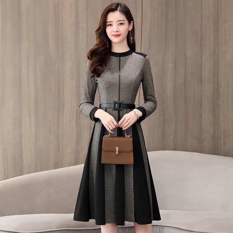 Spring and Autumn Noble Temperament Sweater Mid-length Fashion Simple Dress Round Neck Pullover Women's Base Dress