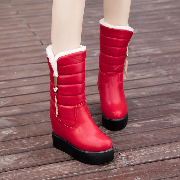 Outdoor Waterproof Snow Boots Women Thick Non-slip Mid-calf Leather Boots Plus Velvet Warm Cotton Boots Thick-soled Wedge Increase Winter Boots