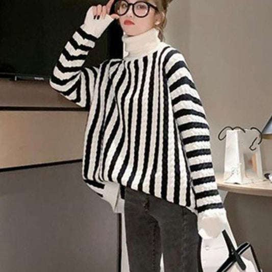 Thick High Neck Vertical Striped Sweater Women's Pullover Fall Winter Loose Casual Fashion Jacket Women