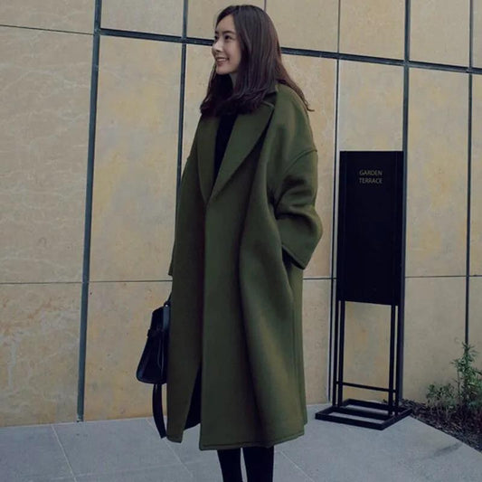 Autumn and Winter Woolen Coat Korean Fashion Woolen Coat Women's Thicker Plus Size Mid-length Over-the-knee Coat