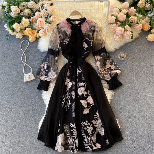Spring Summer Fairy Flower Embroidery Dress Women Elegant Lantern Sleeve Mesh Patchwork Party Black