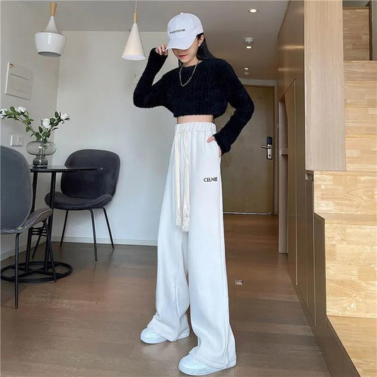 Women's Versatile Loose Wide Leg Pants Thin Embroidered Casual Pants Jogging Sports Pants Straight Pants Show Legs Long Pants