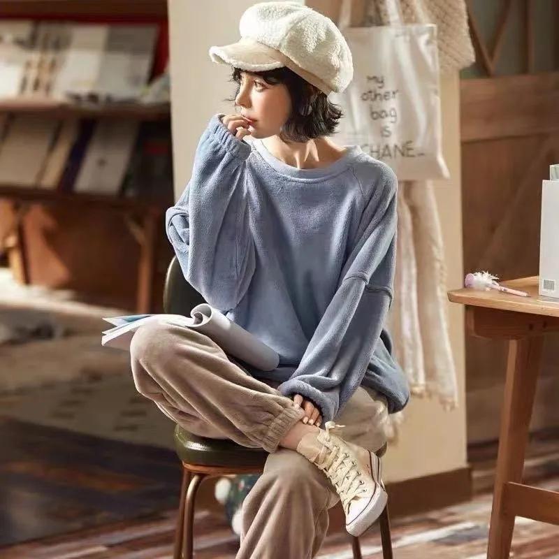 Coral Velvet Plus Velvet Thickened Flannel Pajamas Set Women's Cute Print Homewear Long-sleeved Round Neck Loose Soft Pyjamas Two-pieces Set