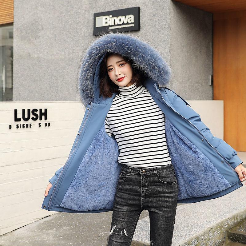 Women's Solid Color Hooded Down Jacket Regular Korean Loose Thick Coat Warm Cotton Coat Large Leather Collar Winter Coat Quilted Coat