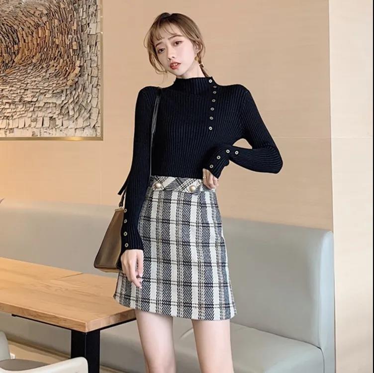 Button Half Turtleneck Sweater Women's Slim Fit Slim Long Sleeve Bottom Shirt Fashion Solid Color Stretch Pullover Large Size