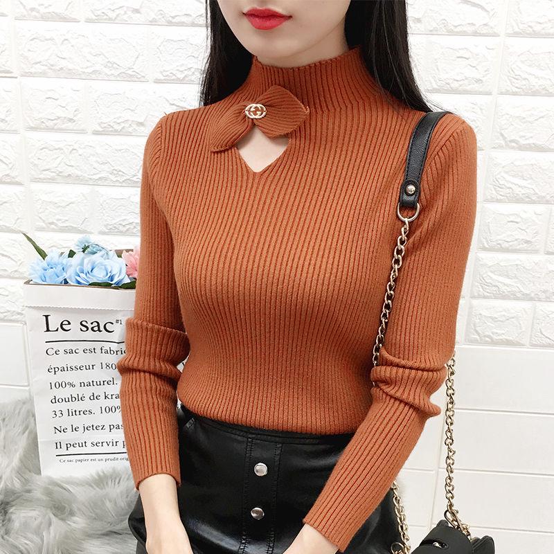 Pofulove Winter turtleneck sweater bow hollow Slim bottoming Knitted pullover short sweater women