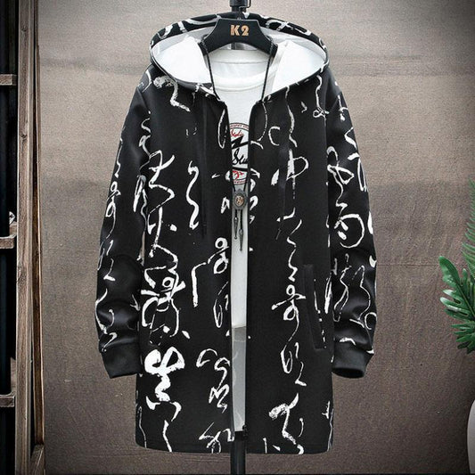 Chinese Calligraphy Print Jacket Men Hooded Windbreaker Spring Casual Loose Coat Soft Comfortable Top Long
