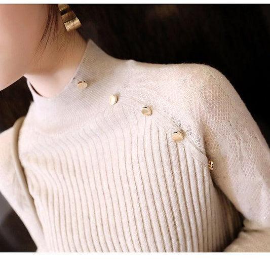 Fall/winter Core-spun Yarn Flash Knit Sweater Slim Long-sleeved Half Turtleneck Sweater Women's Solid Color Bottoming Pullover Top