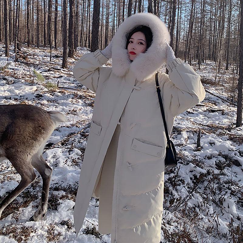 Winter Down Cotton Jacket Women's Long Over-the-knee Cotton Jacket Fluffy Fur Collar Hooded Loose Horn Button Cotton Jacket