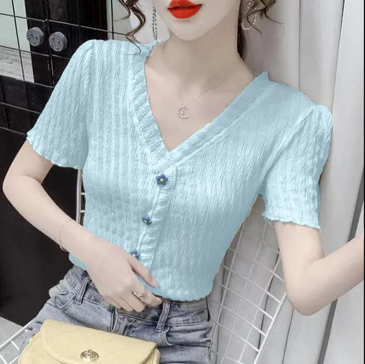 Deep-V Lace Jumper Summer Short Sleeve T-shirt Women Slim Shirt Retro French Casual Top
