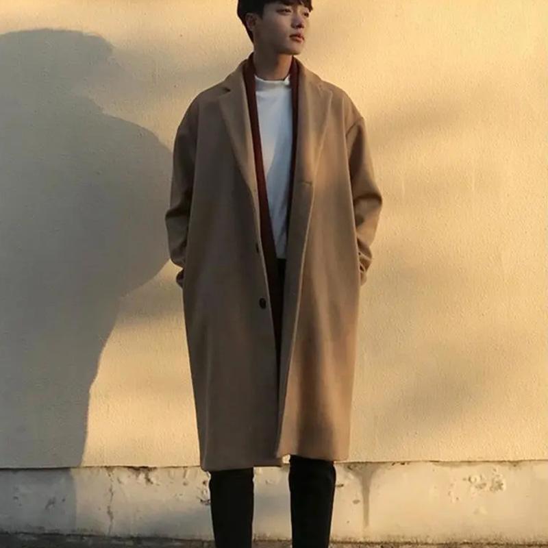 Spring and Autumn Woolen Coat Men's Korean Version Over The Knee Mid-length Men's Windbreaker Loose Double-layer Woolen Coat Trend