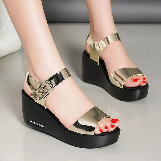 Women's Wedge Sandals Summer Fish Mouth Shoes Thick Sole Non-Slip Platform Lightweight Sandals Metal Fabric All Match Sandals