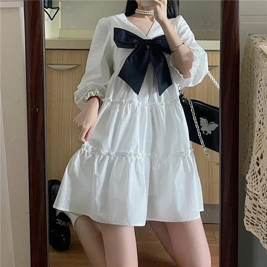 Girl Student Knee-length Solid Color Dress Sailor Collar Navy Dress Sweet Bow-knot