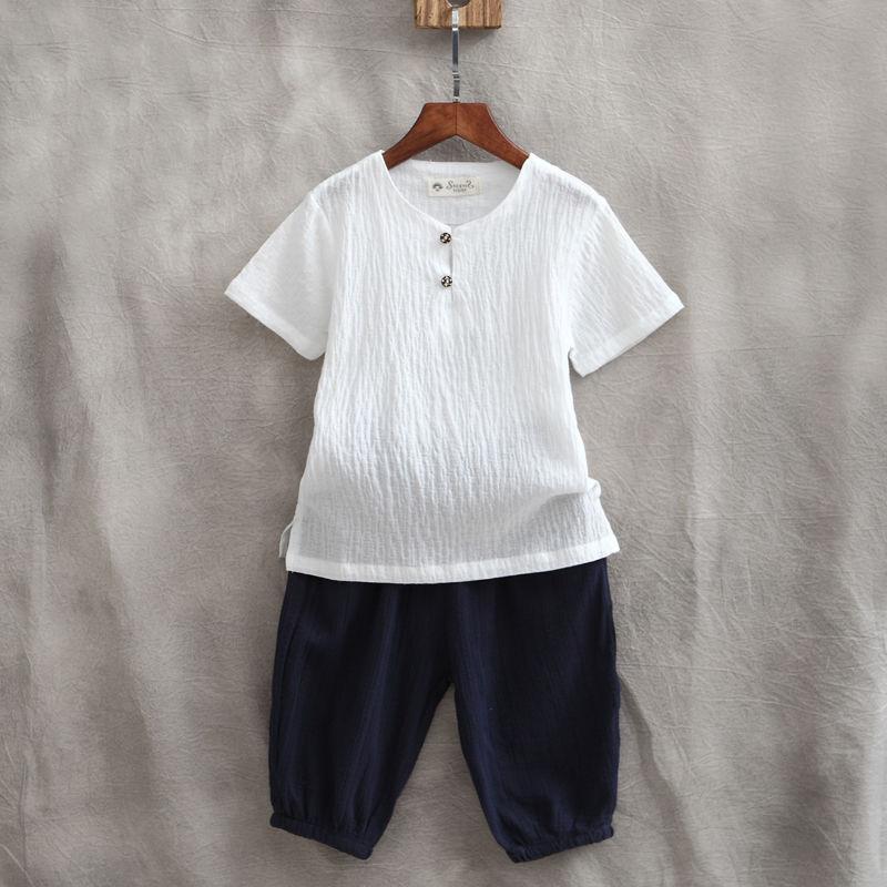 Children's Short-sleeved Two-piece Boys Summer Cotton and Linen Suit Small and Medium Children
