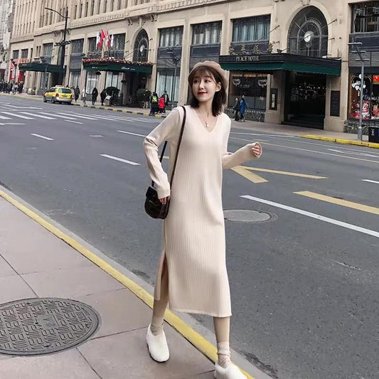 V-neck Sweater Women's Outer Wear Fall and Winter Lazy Style Dress Loose Long Knit Sweater Sweater Skirt Soft Fabric