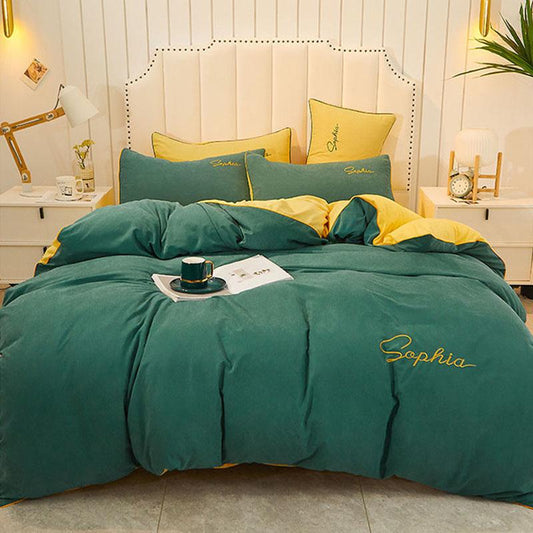 Four Seasons Simple Embroidery Thickening Brushed Four-piece Household Duvet Cover Dormitory Bedding Set