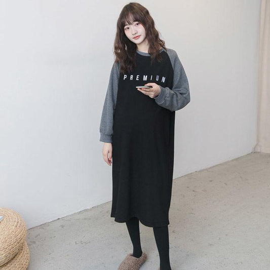 Spring and Autumn Maternity Sweatshirt Mid-length Loose Large Size Dress Long Sleeve Splicing Color Top