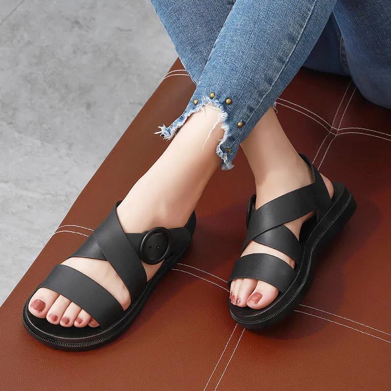 Summer Women Shoes Solid Color Thick Flat Sole Outdoor Sandals Anti-slip Simple Casual Light Cool Sandals