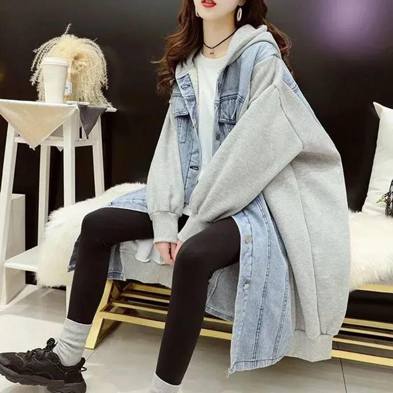 Mid-length Loose Hooded Sweater Cardigan Women's Stitching Denim Jacket Women's Solid Color Long-sleeved Warm Jacket with Pockets